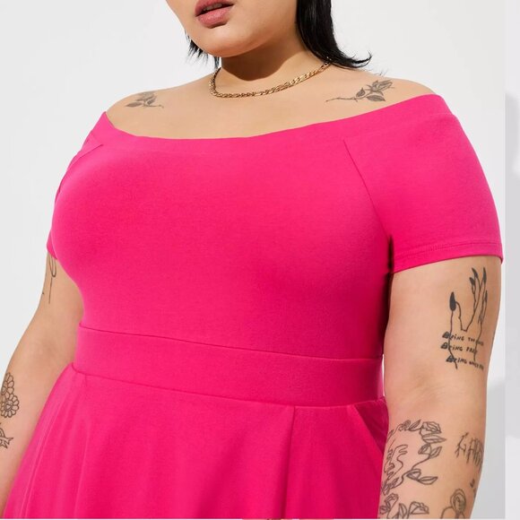 👄 Plus Size 1X 14 16 TORRID Pink Pinup Foxy Off Shoulder Skater Dress Womens - Picture 4 of 5